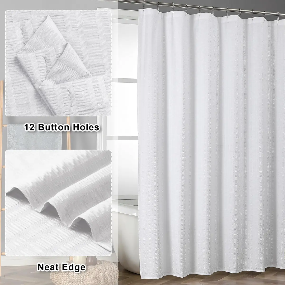 Aiyufeng Extra Long White Shower Curtain 96 Inch | Embossed Texture Fabric Bathroom Decor - view 9