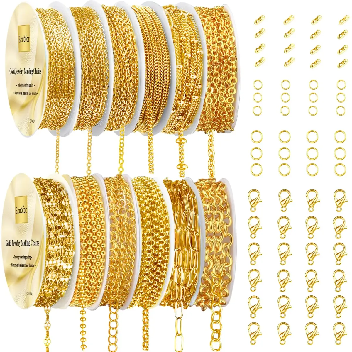 Ecoofor Gold Necklace Chains for Jewelry Making, 95.1 ft (28.98 m) 12 Rolls with Jump Rings & Clasps | DIY Jewelry Craft Kit - main product image