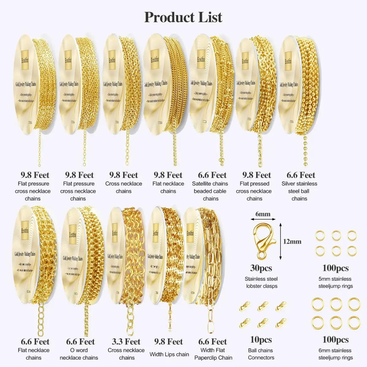 Ecoofor Gold Necklace Chains for Jewelry Making, 95.1 ft (28.98 m) 12 Rolls with Jump Rings & Clasps | DIY Jewelry Craft Kit - view 3