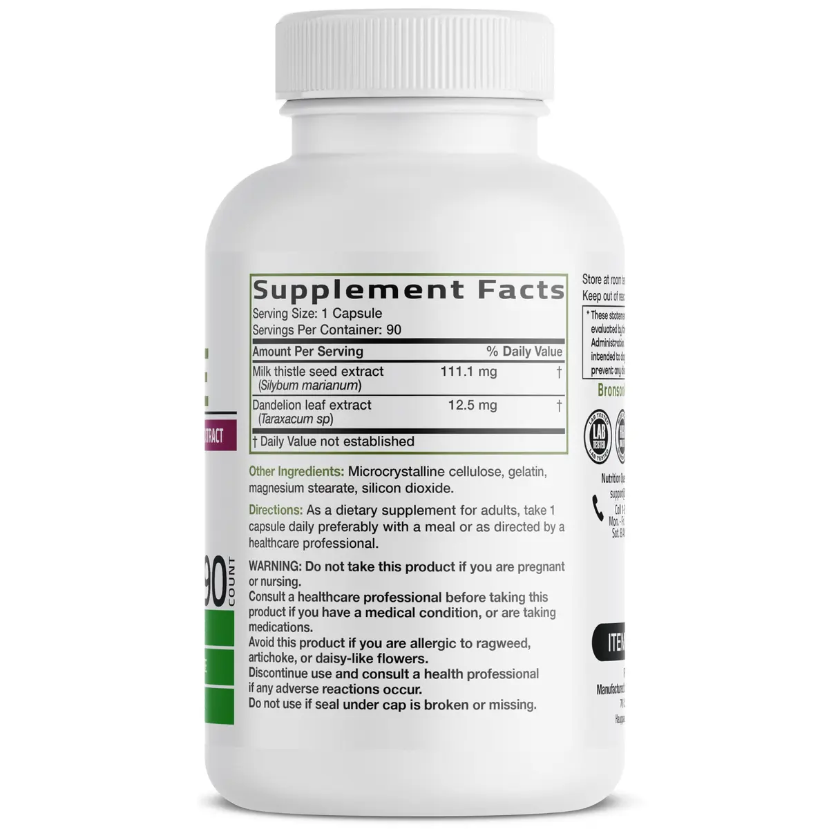 Bronson Milk Thistle Silymarin Marianum & Dandelion Extract 90 Capsules | Liver Support & Detox - view 2