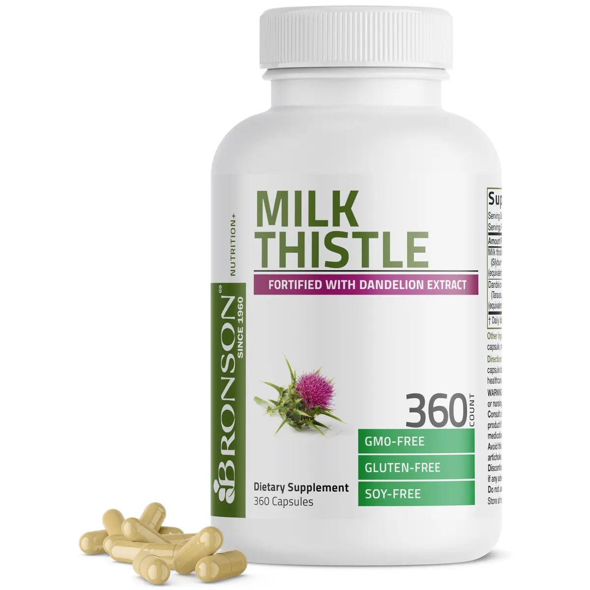 Bronson Milk Thistle Silymarin Marianum & Dandelion Extract 360 Capsules | Liver Support & Detox - main product image