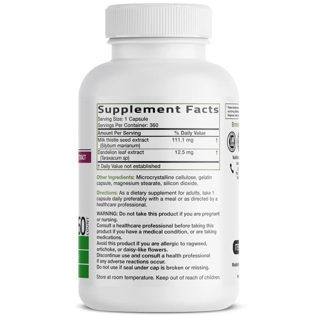 Bronson Milk Thistle Silymarin Marianum & Dandelion Extract 360 Capsules | Liver Support & Detox - view 2