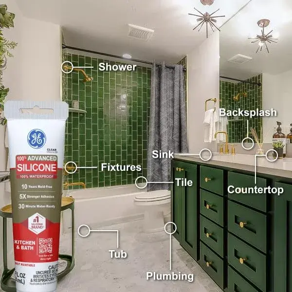 GE Advanced Silicone Caulk for Kitchen & Bathroom, Clear, 2.8 fl oz (83 ml) Tube, 12 Pack | 100% Waterproof Silicone Sealant - view 10