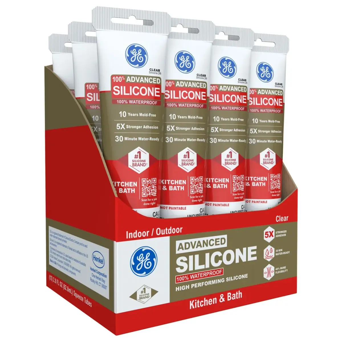 GE Advanced Silicone Caulk for Kitchen & Bathroom, Clear, 2.8 fl oz (83 ml) Tube, 12 Pack | 100% Waterproof Silicone Sealant - main product image