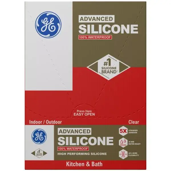 GE Advanced Silicone Caulk for Kitchen & Bathroom, Clear, 2.8 fl oz (83 ml) Tube, 12 Pack | 100% Waterproof Silicone Sealant - view 2