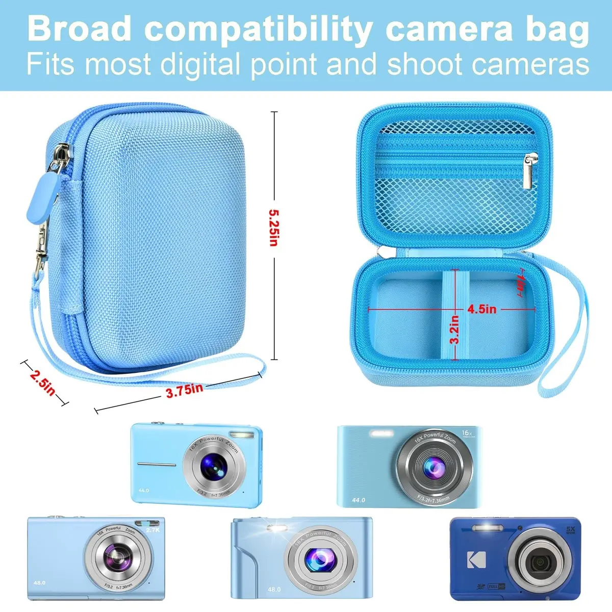 ALKOO Blue Camera Case for Compact Digital Cameras | Fits Kodak Pixpro, Camkory, Mini Cameras (13.3cm x 9.5cm x 6.3cm) - view 3