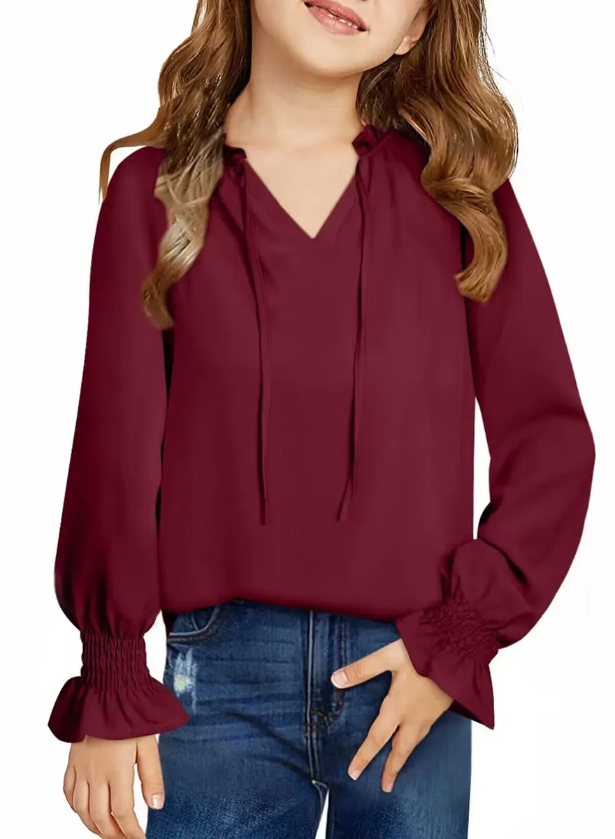 DOKOTOO KIDS Girls Chiffon Tops Casual Puff Long Sleeve Drawstring V Neck Blouse Shirts Red 10-11 Years | Lightweight & Stylish - main product image