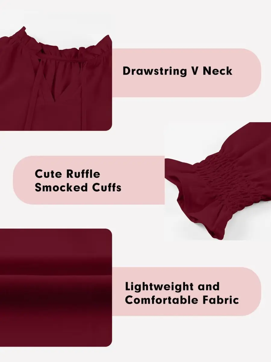 DOKOTOO KIDS Girls Chiffon Tops Casual Puff Long Sleeve Drawstring V Neck Blouse Shirts Red 10-11 Years | Lightweight & Stylish - view 7