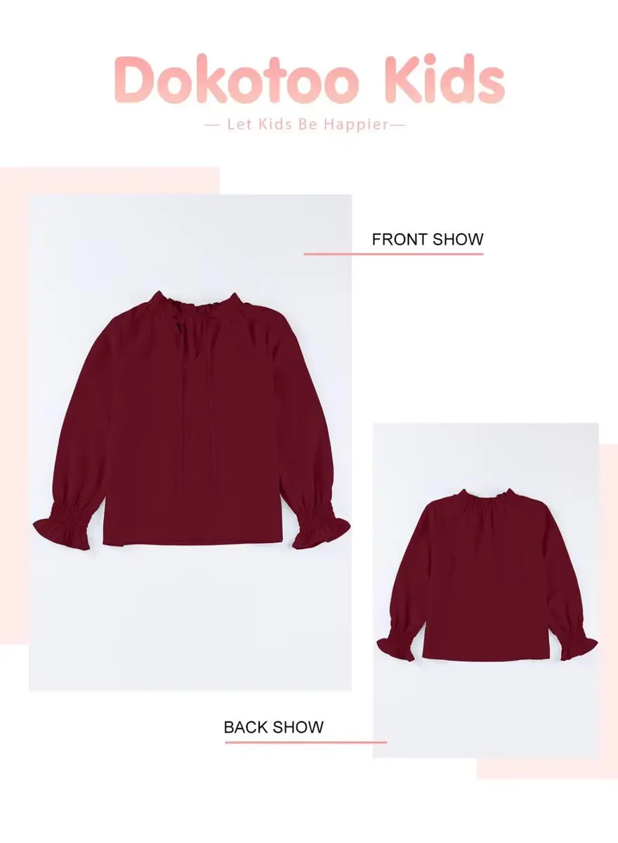 DOKOTOO KIDS Girls Chiffon Tops Casual Puff Long Sleeve Drawstring V Neck Blouse Shirts Red 10-11 Years | Lightweight & Stylish - view 8