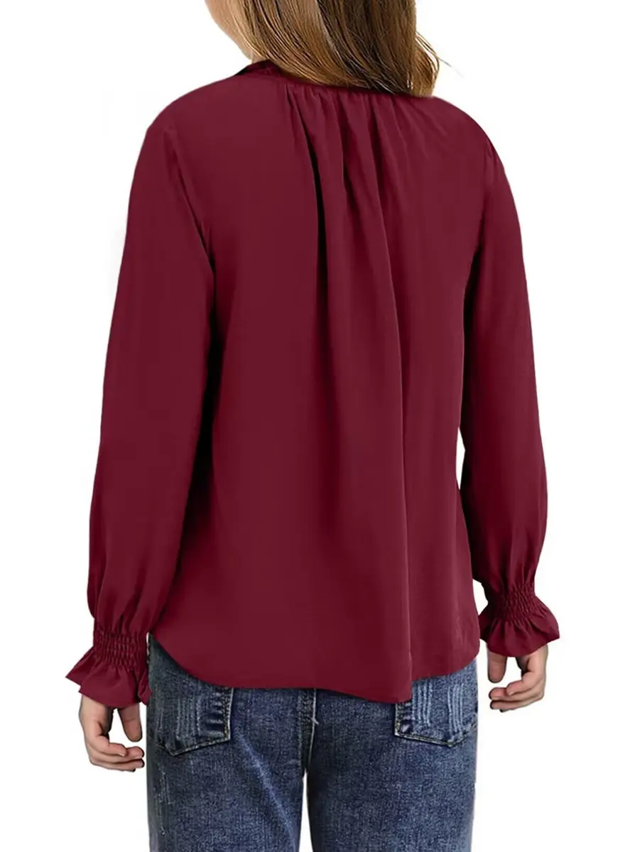 DOKOTOO KIDS Girls Chiffon Tops Casual Puff Long Sleeve Drawstring V Neck Blouse Shirts Red 10-11 Years | Lightweight & Stylish - view 2