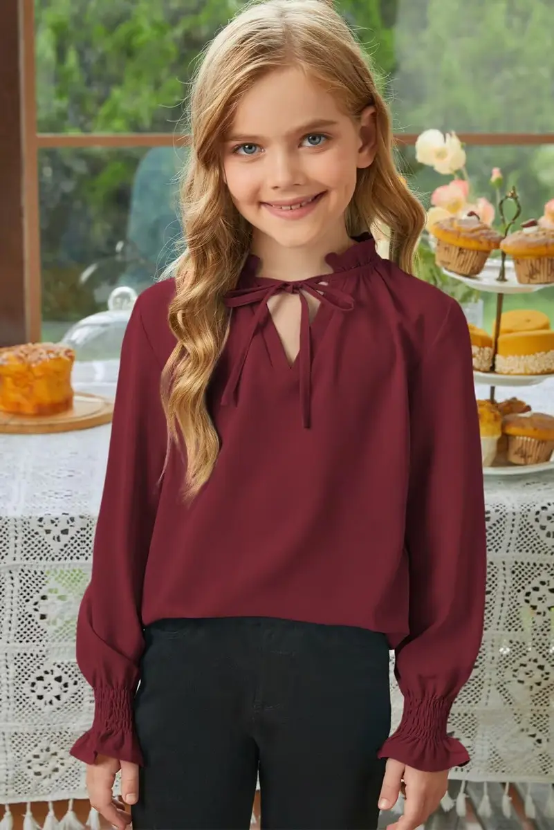 DOKOTOO KIDS Girls Chiffon Tops Casual Puff Long Sleeve Drawstring V Neck Blouse Shirts Red 10-11 Years | Lightweight & Stylish - view 3