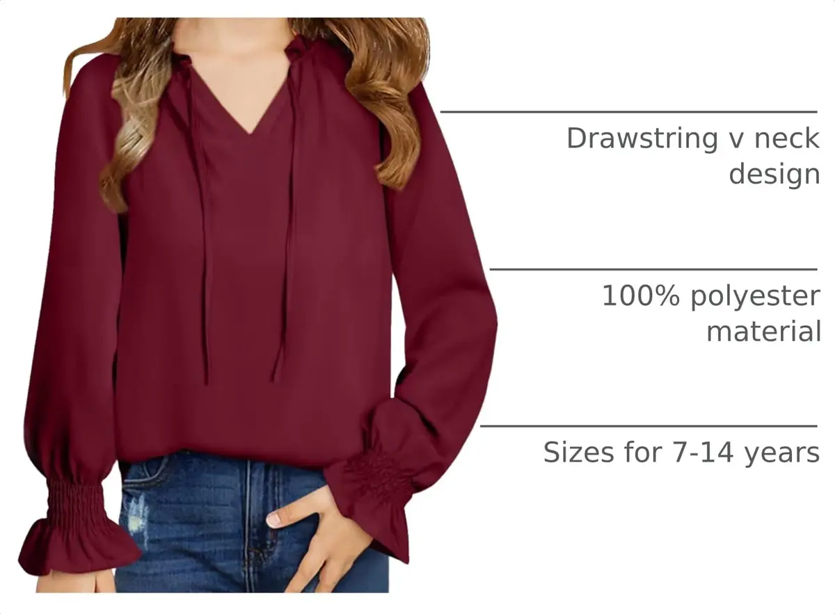 DOKOTOO KIDS Girls Chiffon Tops Casual Puff Long Sleeve Drawstring V Neck Blouse Shirts Red 10-11 Years | Lightweight & Stylish - view 4