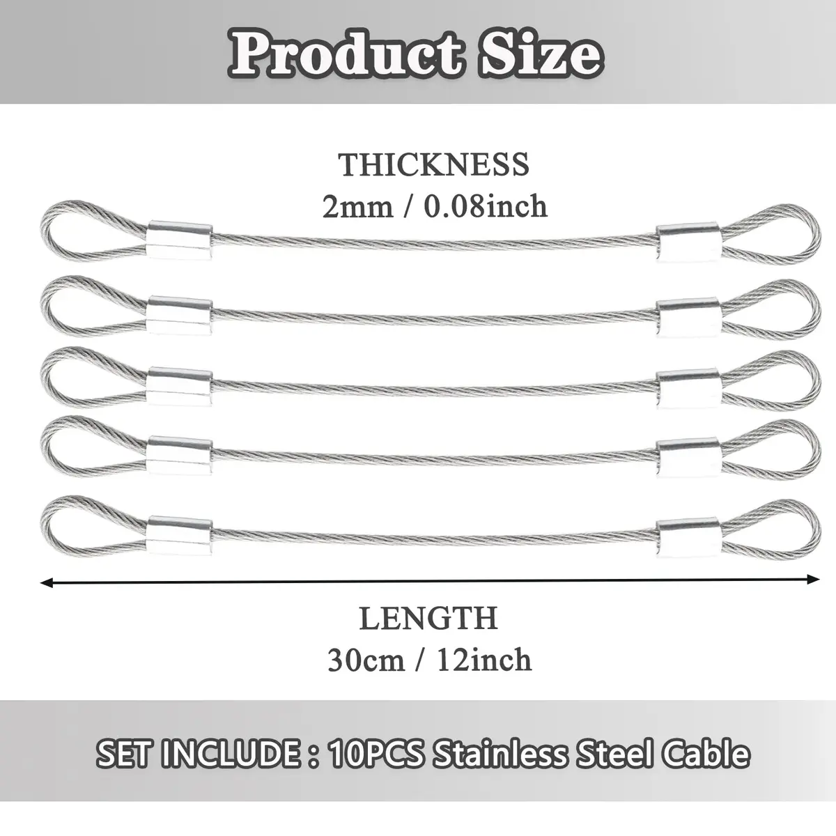 PUSNMI Stainless Steel Cable with Loops 12in | Vinyl Coated, 2mm, 10 Pack - view 2