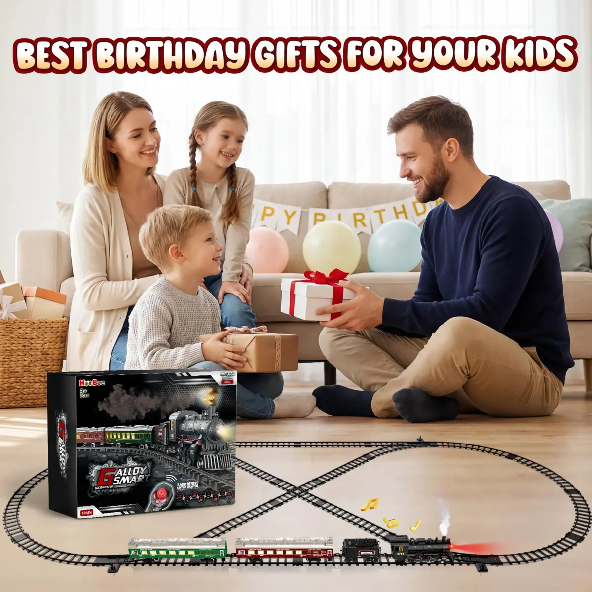 Hot Bee Remote Control Train Set with Smoke, Lights & Sound | Alloy Locomotive & Carriages, 14+ Track Pieces - view 2