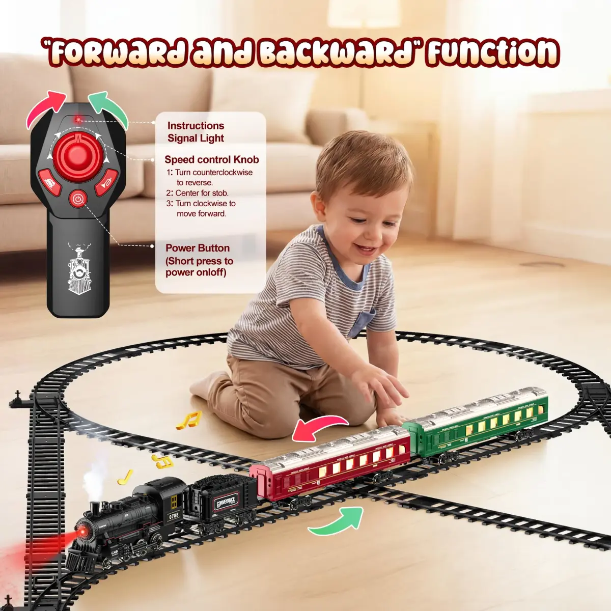 Hot Bee Remote Control Train Set with Smoke, Lights & Sound | Alloy Locomotive & Carriages, 14+ Track Pieces - view 3