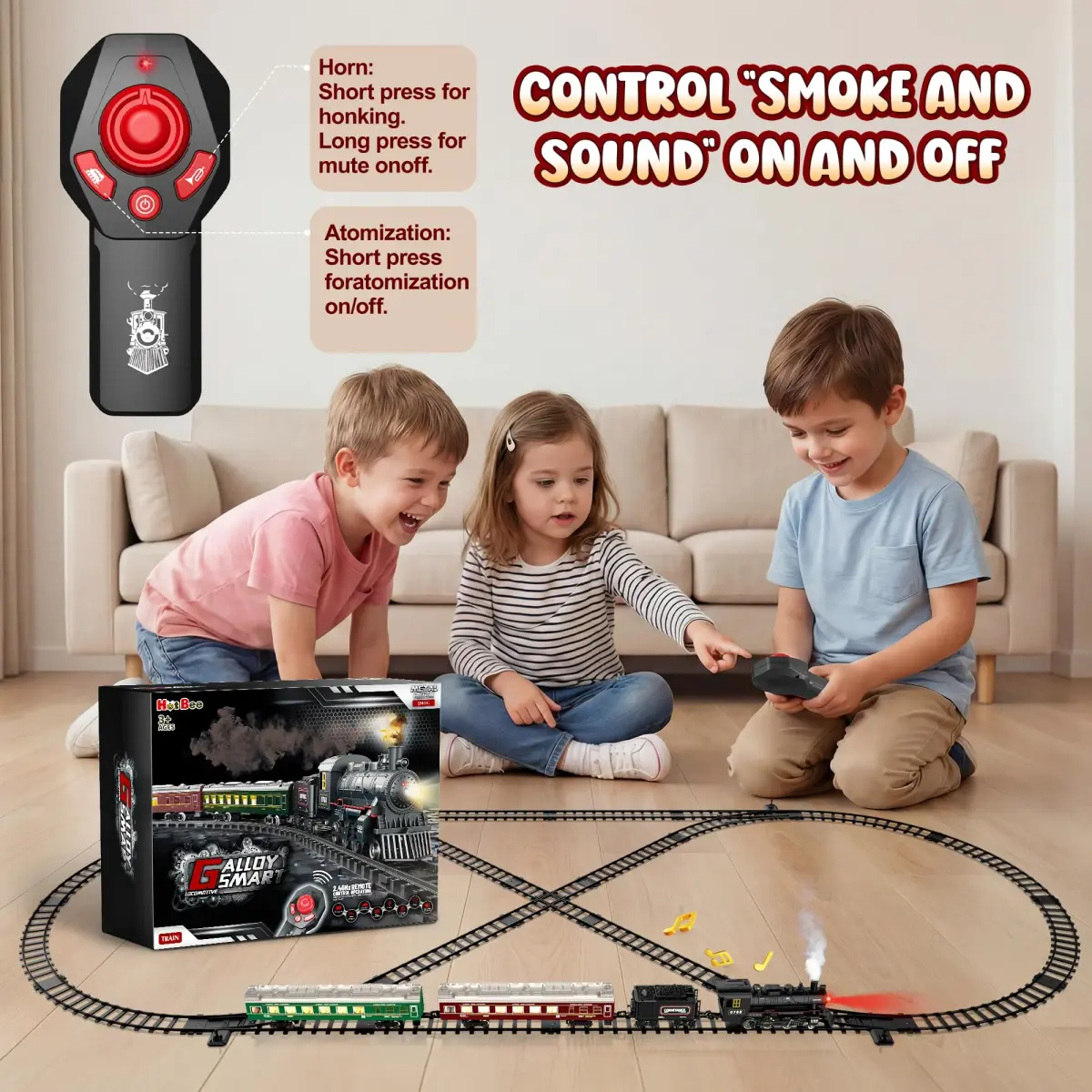 Hot Bee Remote Control Train Set with Smoke, Lights & Sound | Alloy Locomotive & Carriages, 14+ Track Pieces - view 4