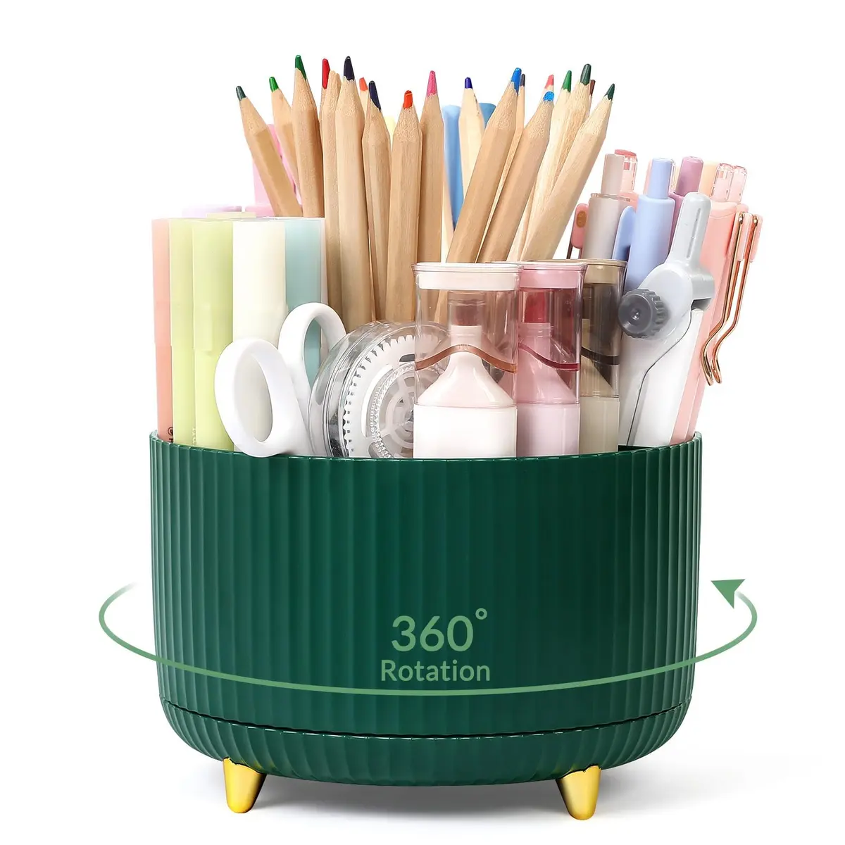 SKYDUE 360 Degree Rotating Desk Organizer with 5 Slots, Dark Green | Dual-Purpose Pencil Pen Holder for Office, School, Home - main product image