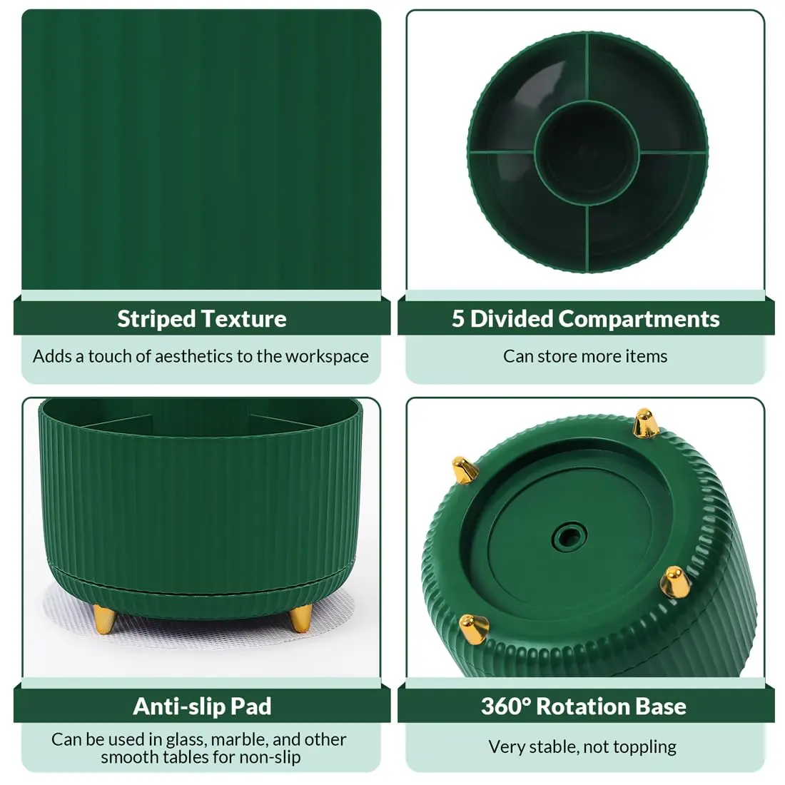 SKYDUE 360 Degree Rotating Desk Organizer with 5 Slots, Dark Green | Dual-Purpose Pencil Pen Holder for Office, School, Home - view 5