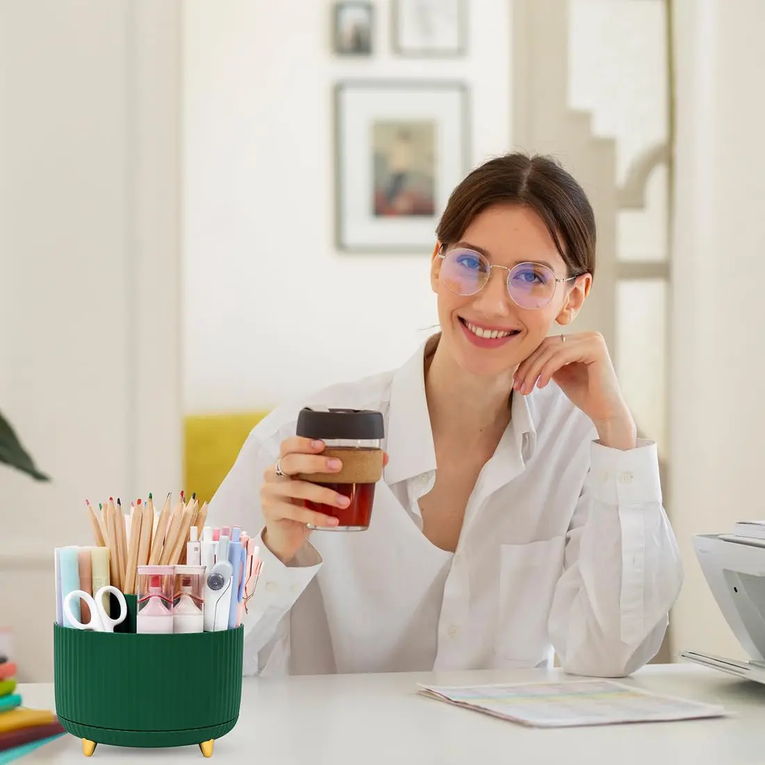 SKYDUE 360 Degree Rotating Desk Organizer with 5 Slots, Dark Green | Dual-Purpose Pencil Pen Holder for Office, School, Home - view 6