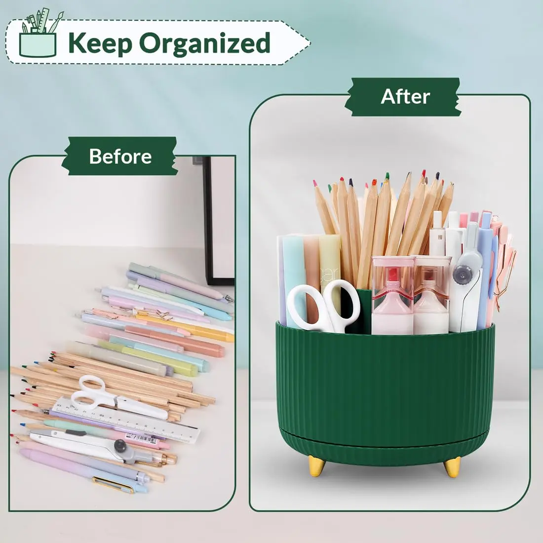 SKYDUE 360 Degree Rotating Desk Organizer with 5 Slots, Dark Green | Dual-Purpose Pencil Pen Holder for Office, School, Home - view 7