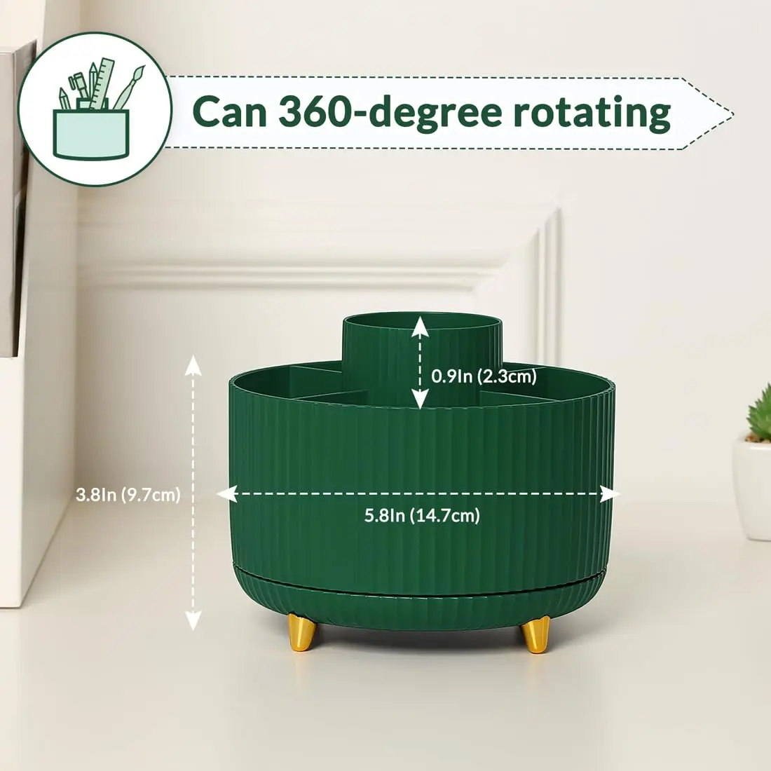 SKYDUE 360 Degree Rotating Desk Organizer with 5 Slots, Dark Green | Dual-Purpose Pencil Pen Holder for Office, School, Home - view 2