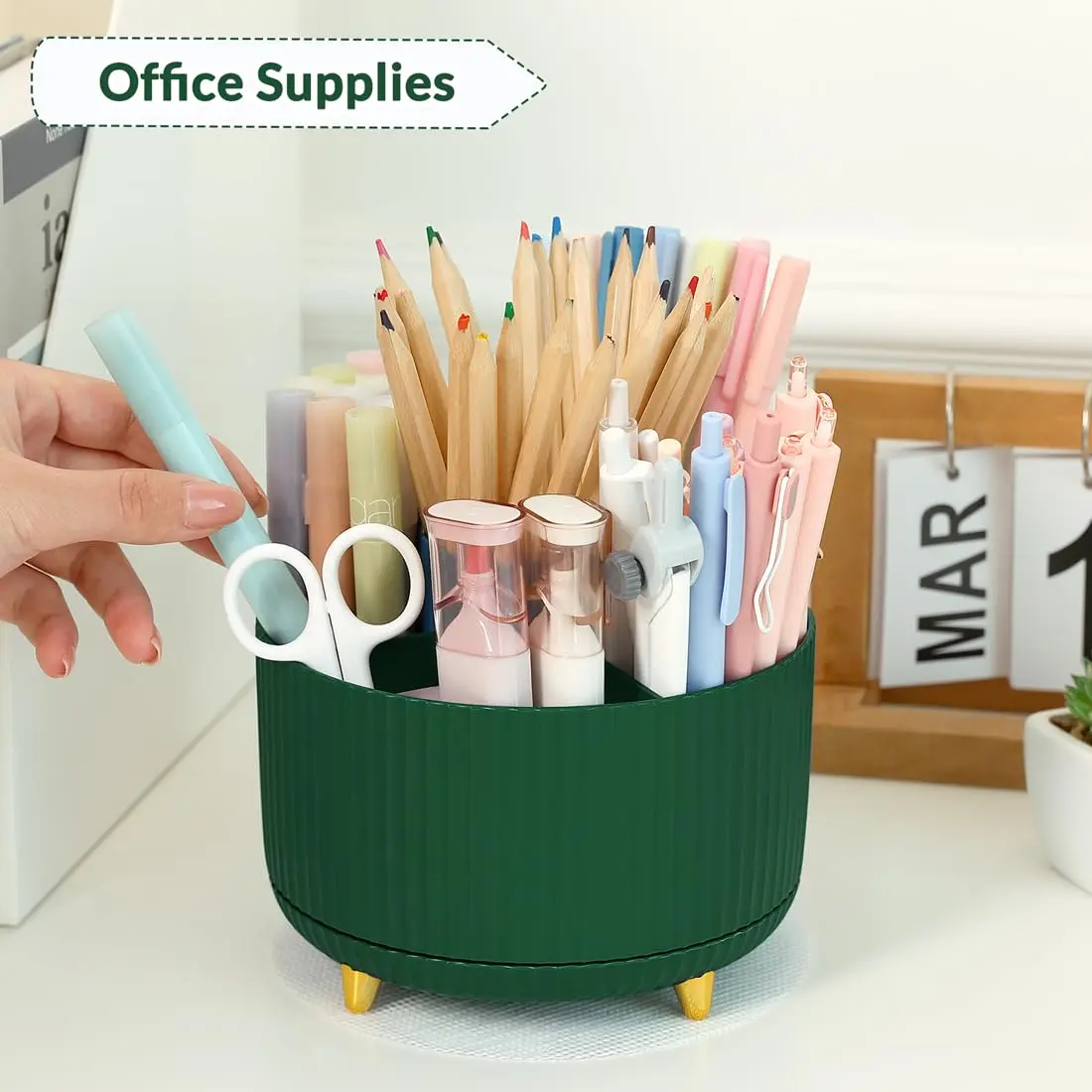 SKYDUE 360 Degree Rotating Desk Organizer with 5 Slots, Dark Green | Dual-Purpose Pencil Pen Holder for Office, School, Home - view 3