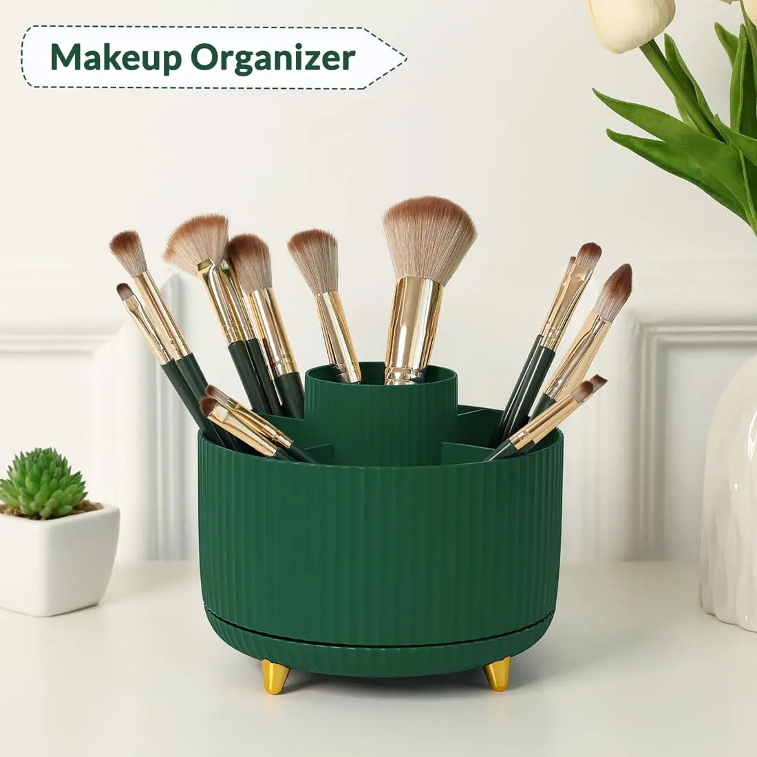 SKYDUE 360 Degree Rotating Desk Organizer with 5 Slots, Dark Green | Dual-Purpose Pencil Pen Holder for Office, School, Home - view 4