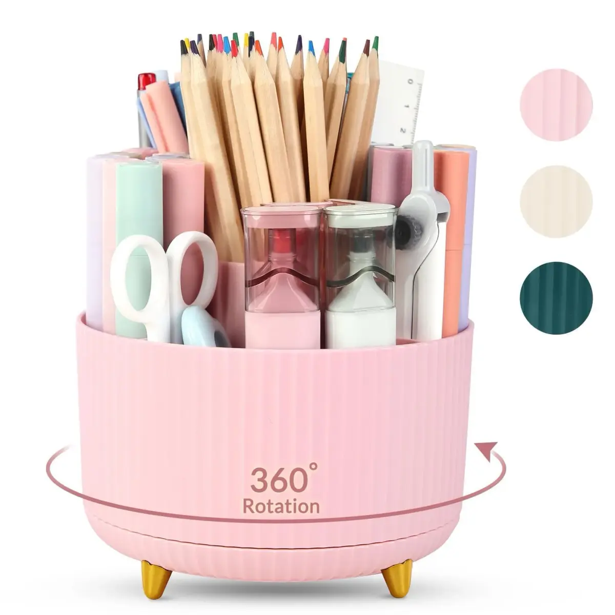 SKYDUE 360 Rotating Pen Holder 14.7cm (5.8 Inches) | Cute Pink Organizer with 5 Slots for Art Supplies, Office, School - main product image