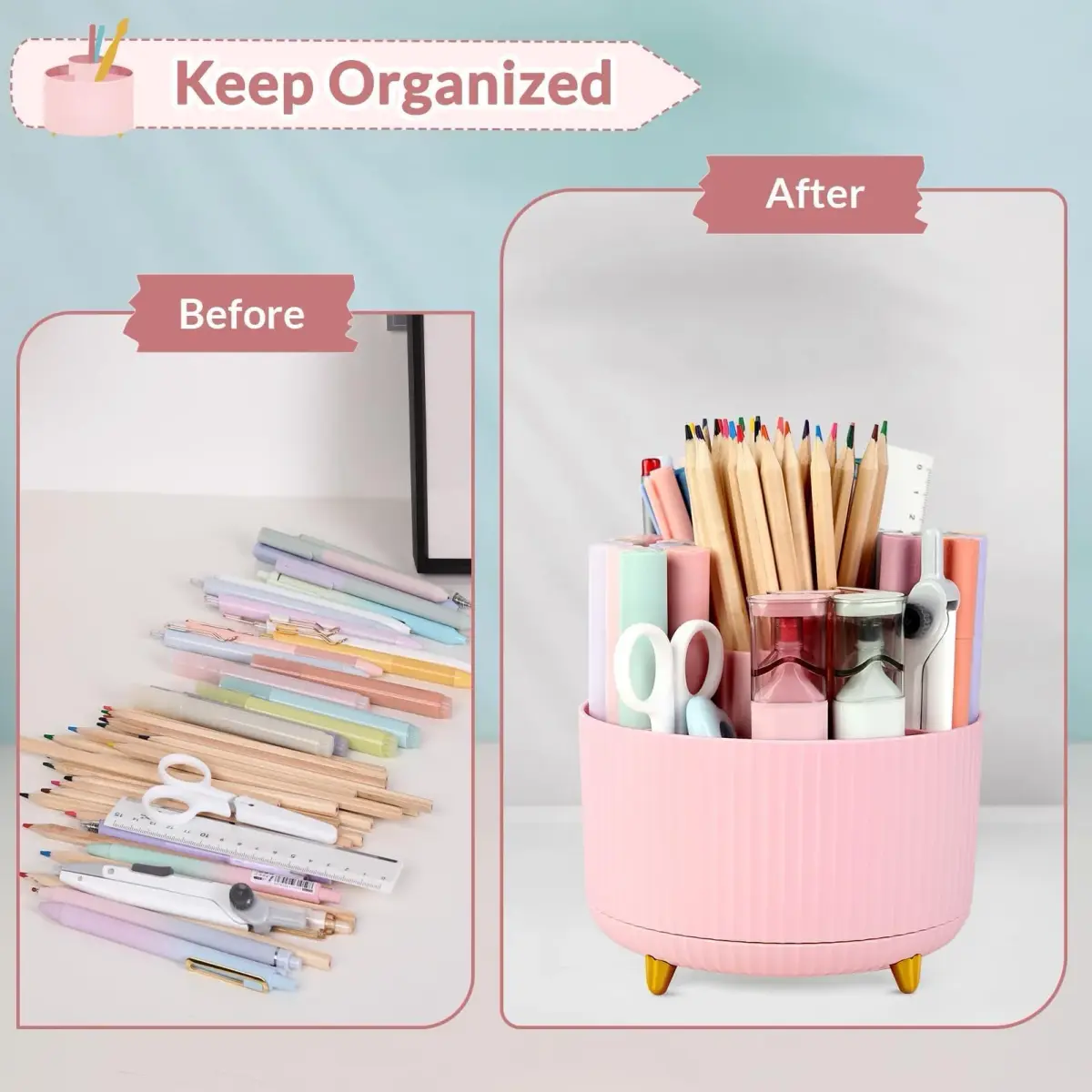 SKYDUE 360 Rotating Pen Holder 14.7cm (5.8 Inches) | Cute Pink Organizer with 5 Slots for Art Supplies, Office, School - view 5