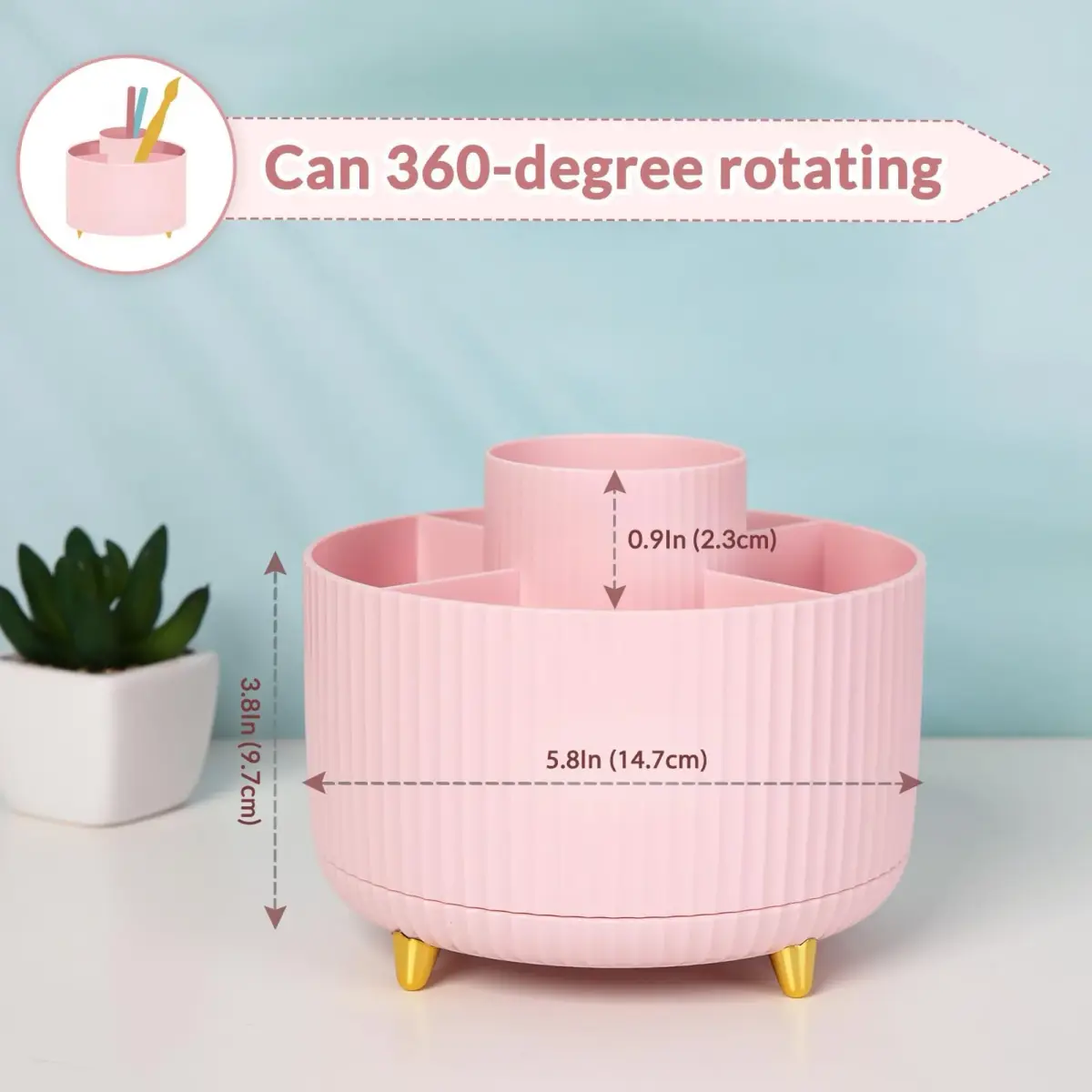 SKYDUE 360 Rotating Pen Holder 14.7cm (5.8 Inches) | Cute Pink Organizer with 5 Slots for Art Supplies, Office, School - view 3