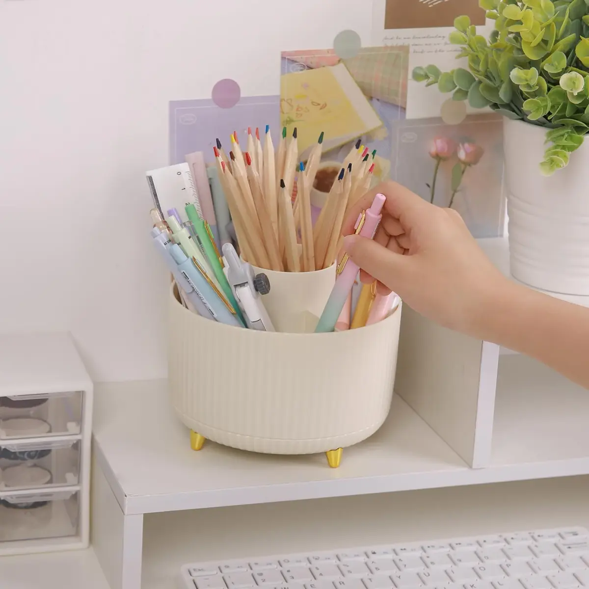 SKYDUE Rotating Desk Pen Organizer with 5 Slots, Beige 1 Pack 290g (10.2 oz) | Dual-Purpose Art Supply Pencil Cup for Office, School, Home - view 4