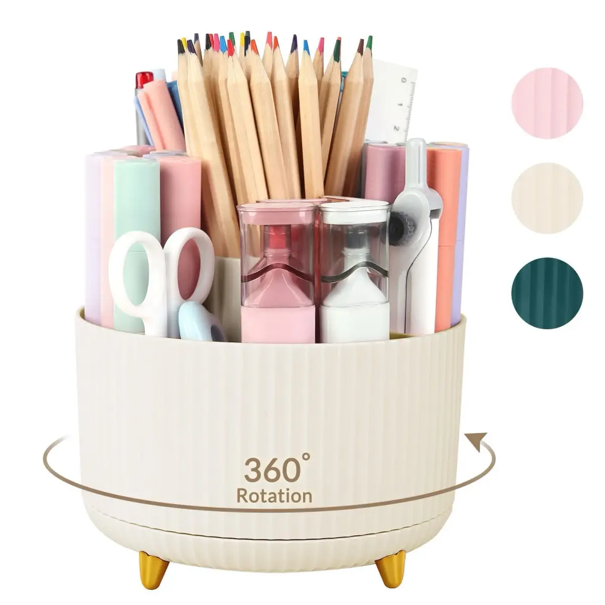 SKYDUE Rotating Desk Pen Organizer with 5 Slots, Beige 1 Pack 290g (10.2 oz) | Dual-Purpose Art Supply Pencil Cup for Office, School, Home - main product image
