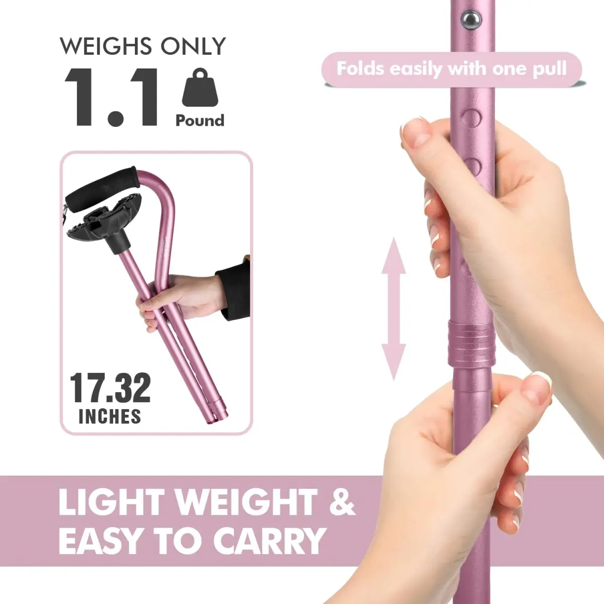 GPTCAMP Quad Base Walking Cane Pink | 79-92cm (31"-36") Adjustable Offset Stick with EVA Grip - view 5