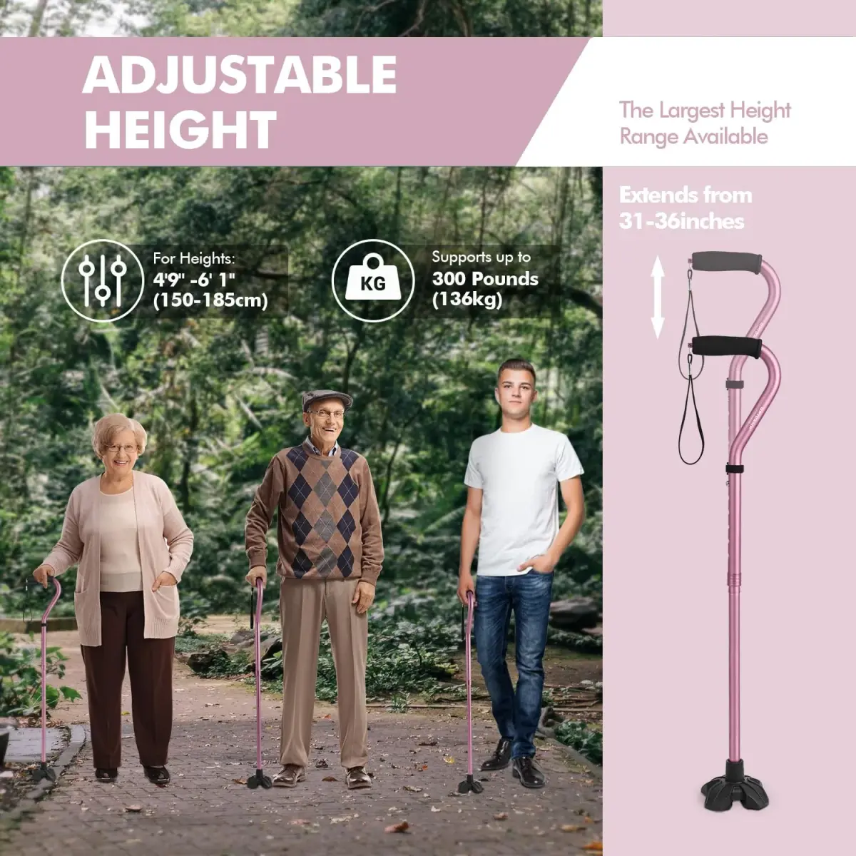 GPTCAMP Quad Base Walking Cane Pink | 79-92cm (31"-36") Adjustable Offset Stick with EVA Grip - view 6