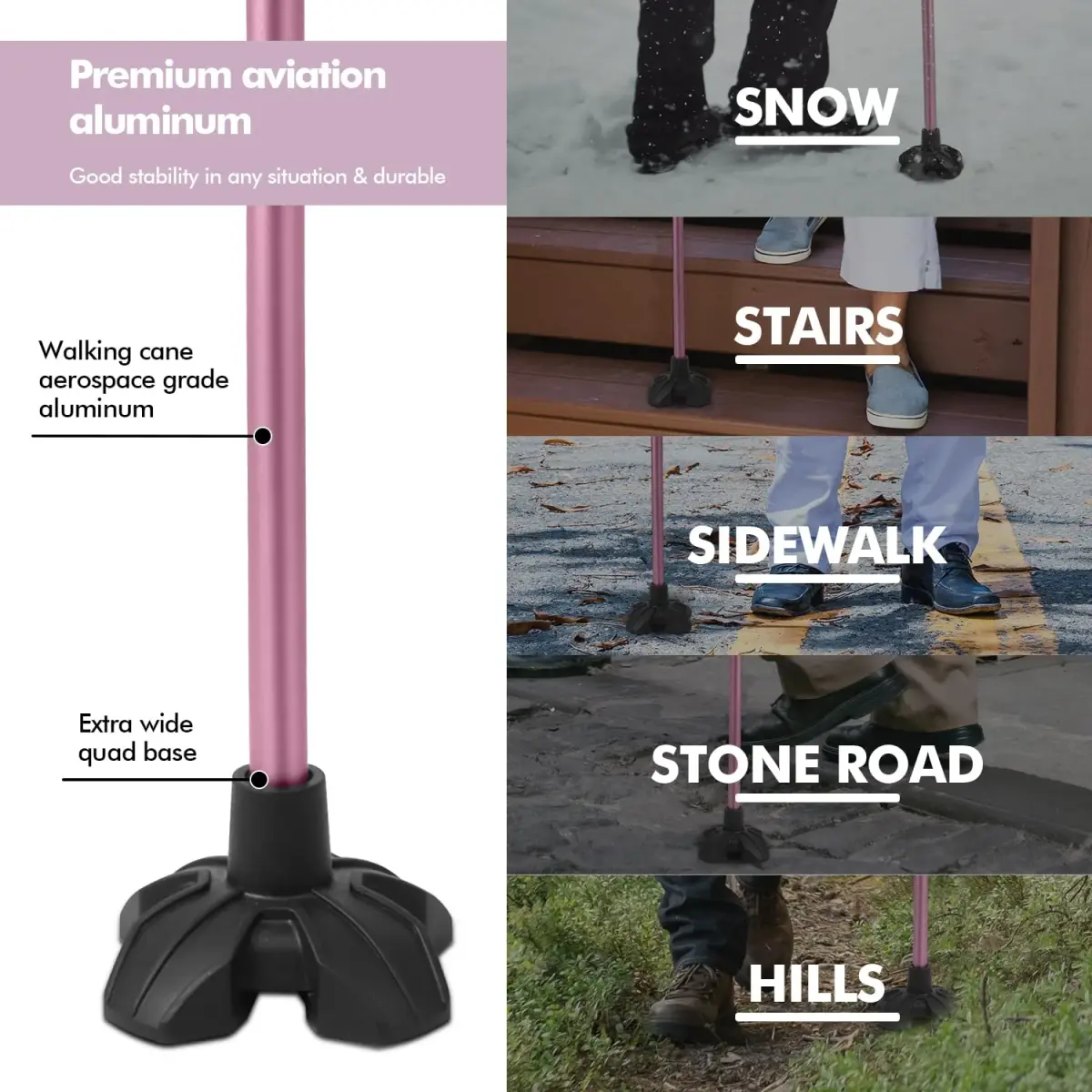 GPTCAMP Quad Base Walking Cane Pink | 79-92cm (31"-36") Adjustable Offset Stick with EVA Grip - view 3