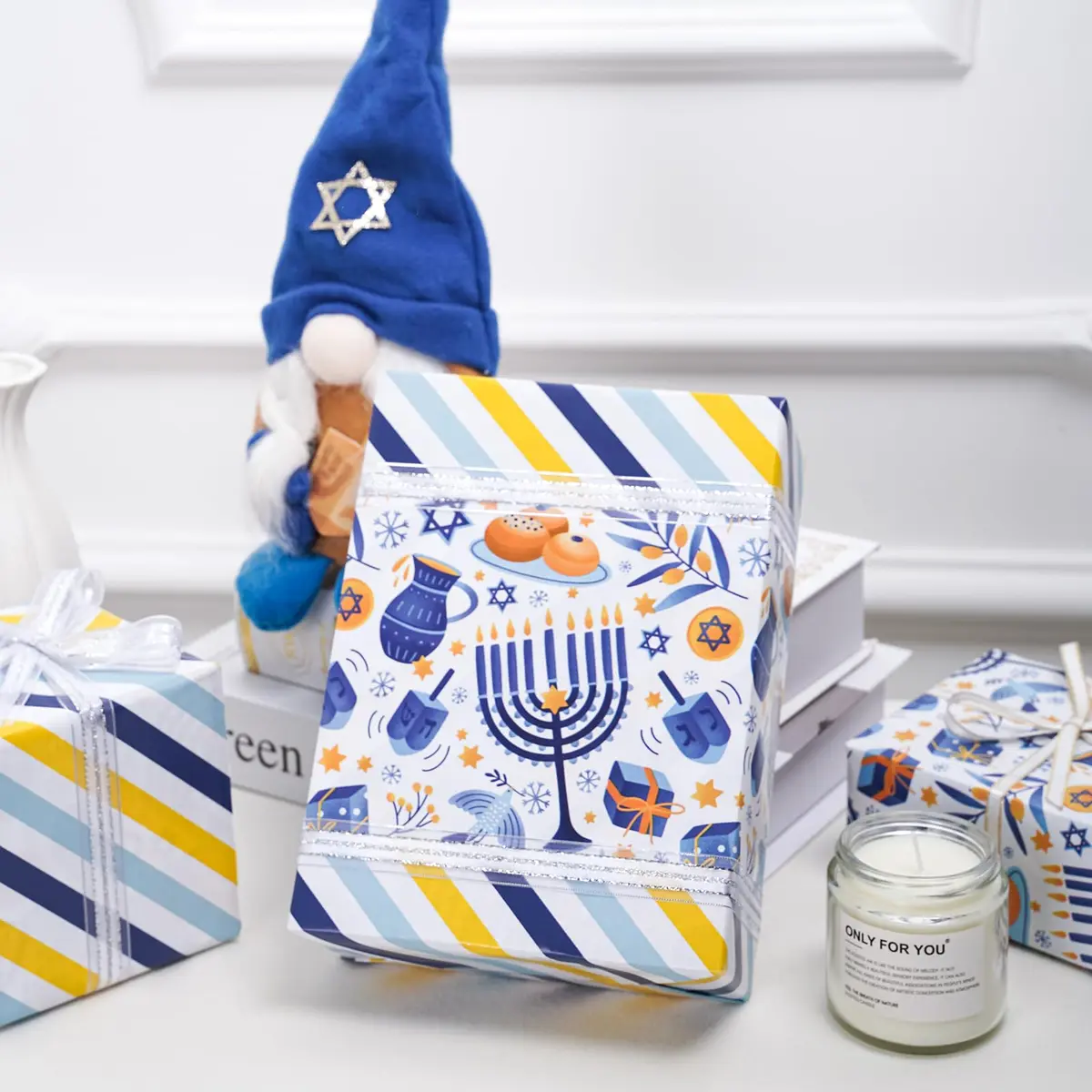 LeZakaa Hanukkah Blue Wrapping Paper Roll, Menorah Dreidel Donut, Stars of David & Blue Yellow Stripe, 17 inches x 32.8 feet - view 5