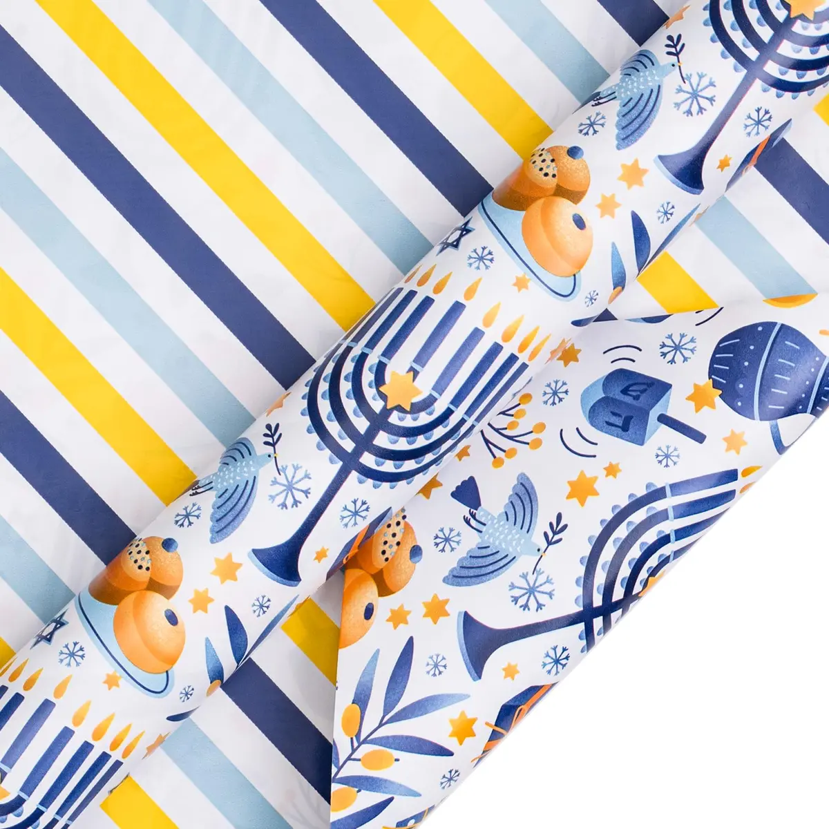 LeZakaa Hanukkah Blue Wrapping Paper Roll, Menorah Dreidel Donut, Stars of David & Blue Yellow Stripe, 17 inches x 32.8 feet - view 6