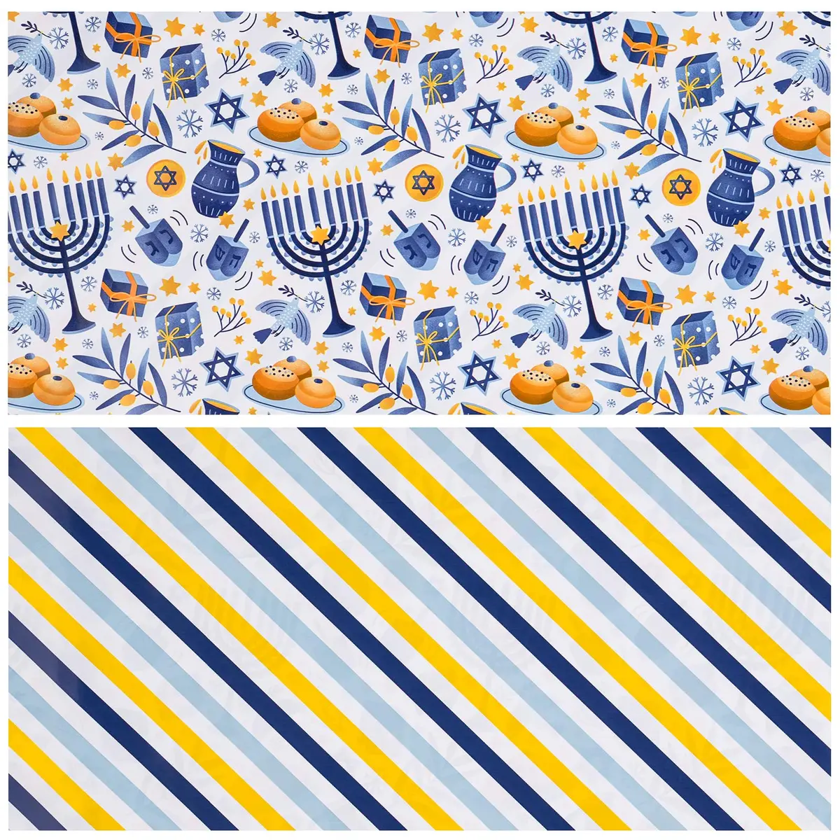 LeZakaa Hanukkah Blue Wrapping Paper Roll, Menorah Dreidel Donut, Stars of David & Blue Yellow Stripe, 17 inches x 32.8 feet - view 7