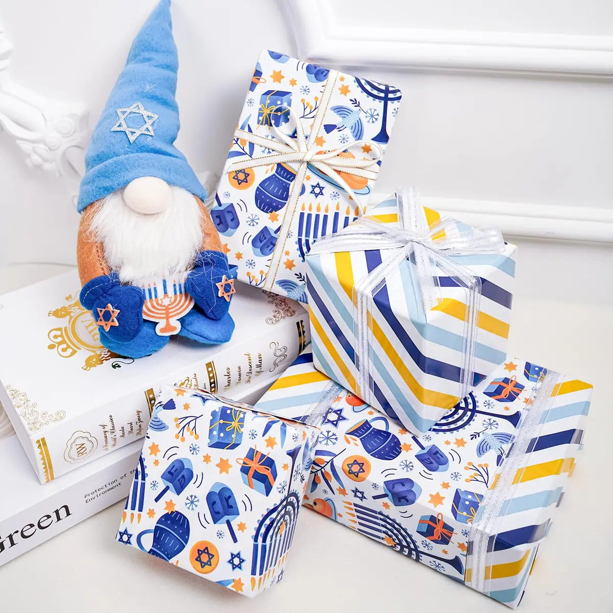 LeZakaa Hanukkah Blue Wrapping Paper Roll, Menorah Dreidel Donut, Stars of David & Blue Yellow Stripe, 17 inches x 32.8 feet - view 2