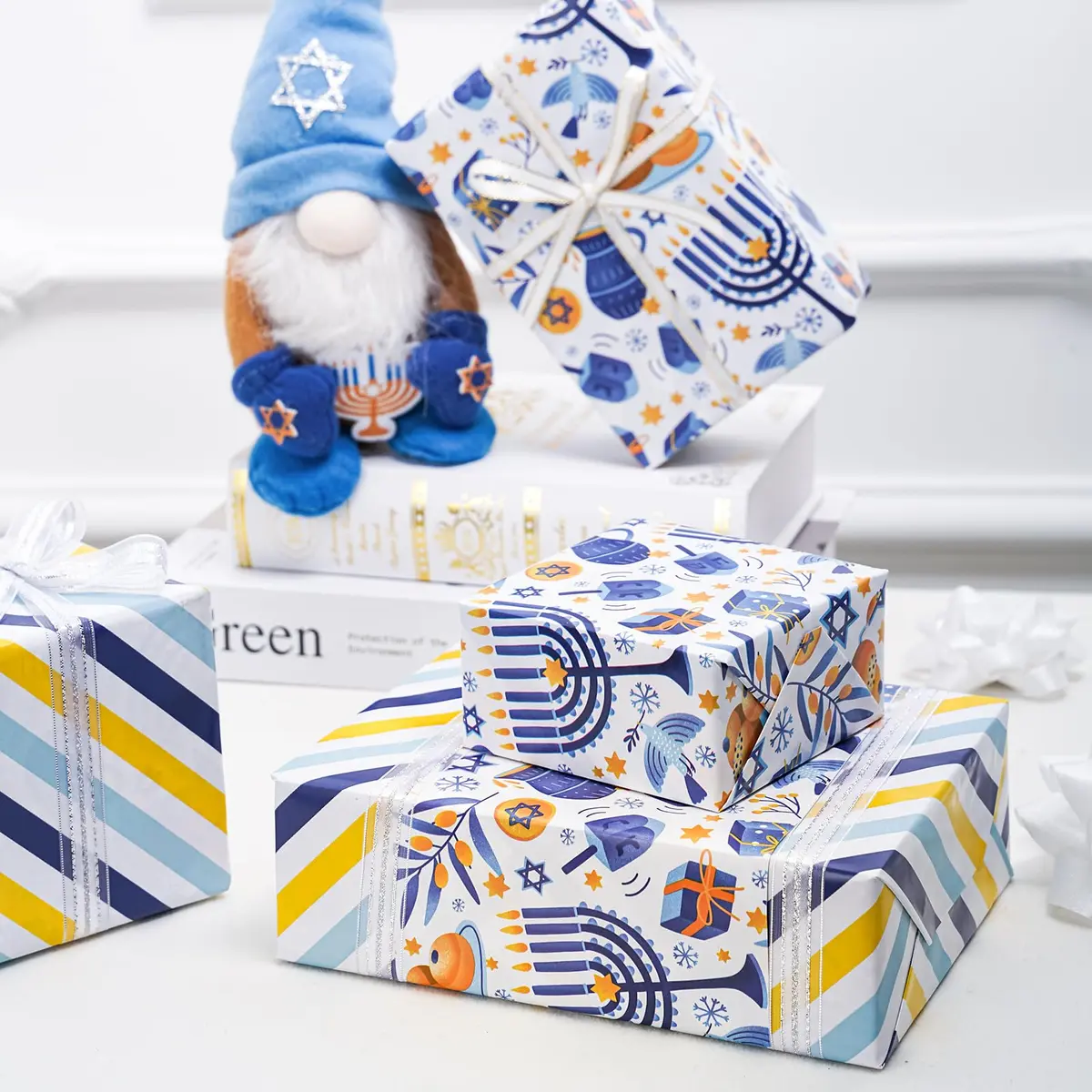 LeZakaa Hanukkah Blue Wrapping Paper Roll, Menorah Dreidel Donut, Stars of David & Blue Yellow Stripe, 17 inches x 32.8 feet - view 3