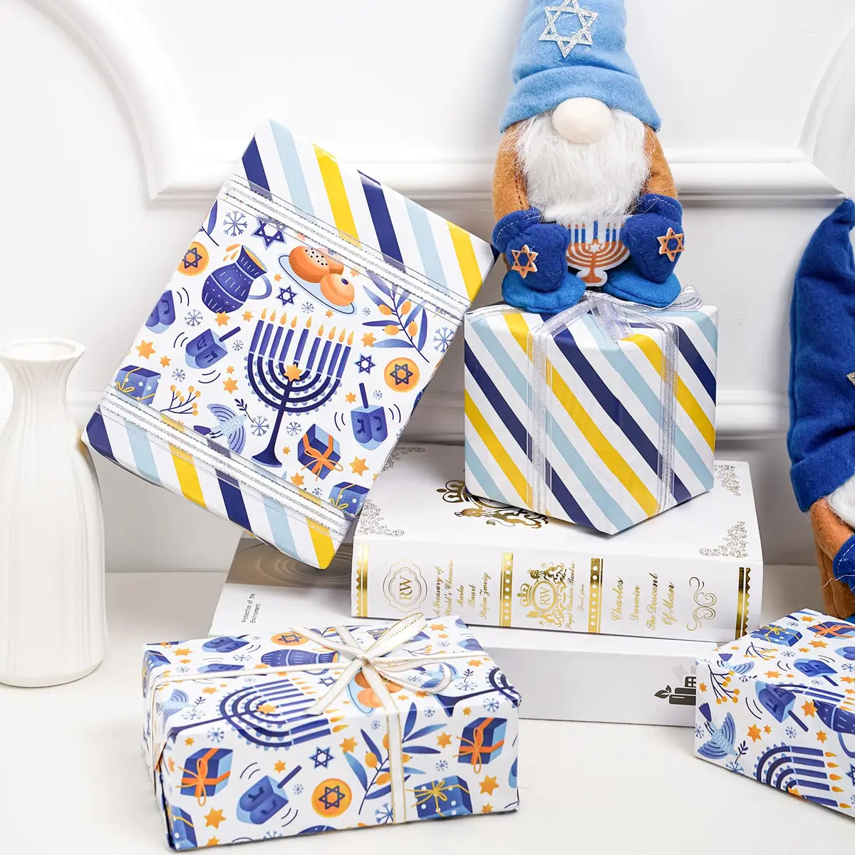 LeZakaa Hanukkah Blue Wrapping Paper Roll, Menorah Dreidel Donut, Stars of David & Blue Yellow Stripe, 17 inches x 32.8 feet - view 4