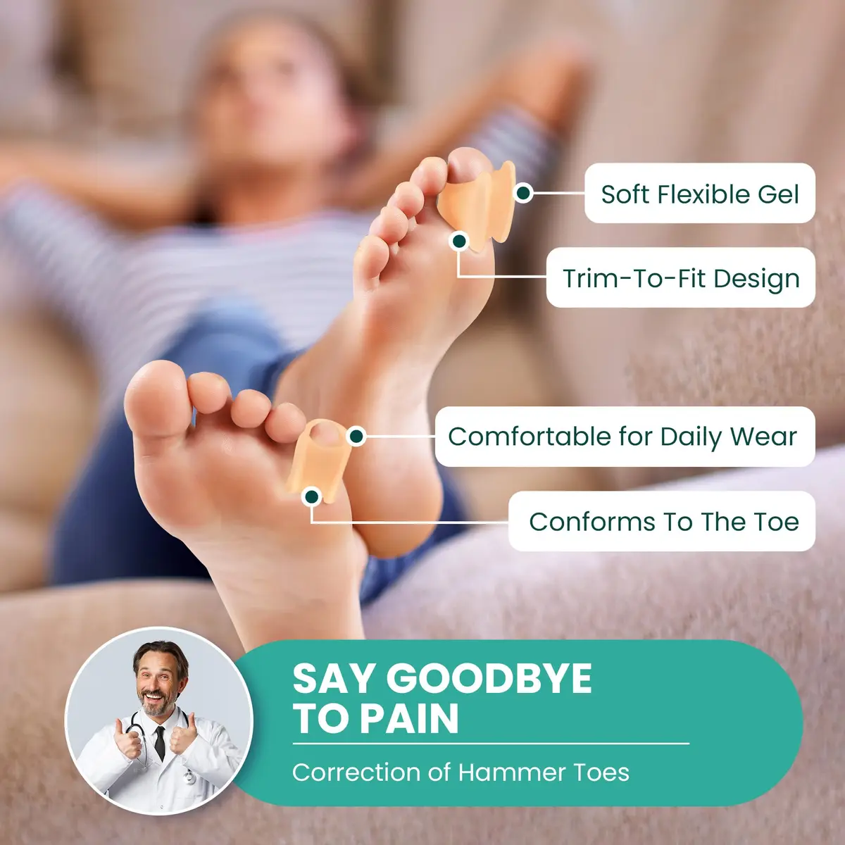 Welnove Hammertoe Corrector - 6 Pack Toe Splints - Soft Gel Toe Straighteners - Realign Bent, Curled, Crooked, Claw, Hammer Toes - Corrector for Men and Women, Large (Beige), FSA or HSA Eligible - view 4