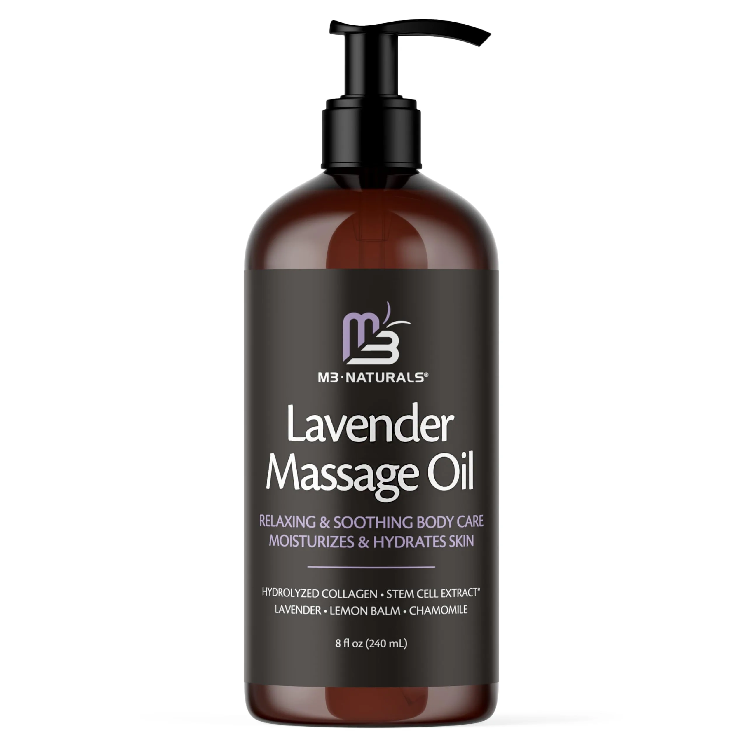 M3 Naturals Lavender Sensual Massage Oil with Collagen & Stem Cells, Skin Tightening Therapy for Bum, Thighs, Belly 235ml (8 fl oz) | USA Imported Firming Body Oil - main product image