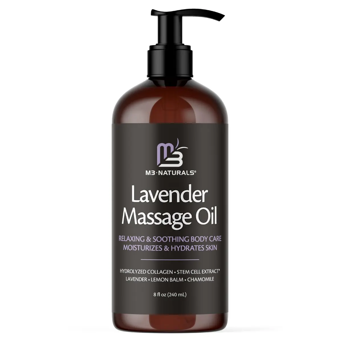 M3 Naturals Lavender Sensual Massage Oil 242ml (8 fl oz) | Calms Mind & Body with Collagen & Stem Cells - main product image