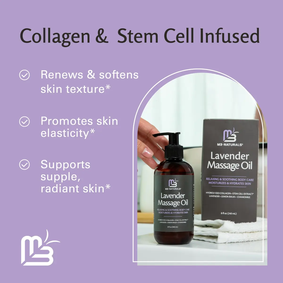 M3 Naturals Lavender Sensual Massage Oil 242ml (8 fl oz) | Calms Mind & Body with Collagen & Stem Cells - view 8