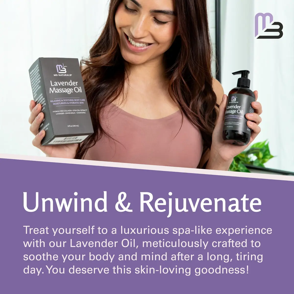 M3 Naturals Lavender Sensual Massage Oil 242ml (8 fl oz) | Calms Mind & Body with Collagen & Stem Cells - view 9