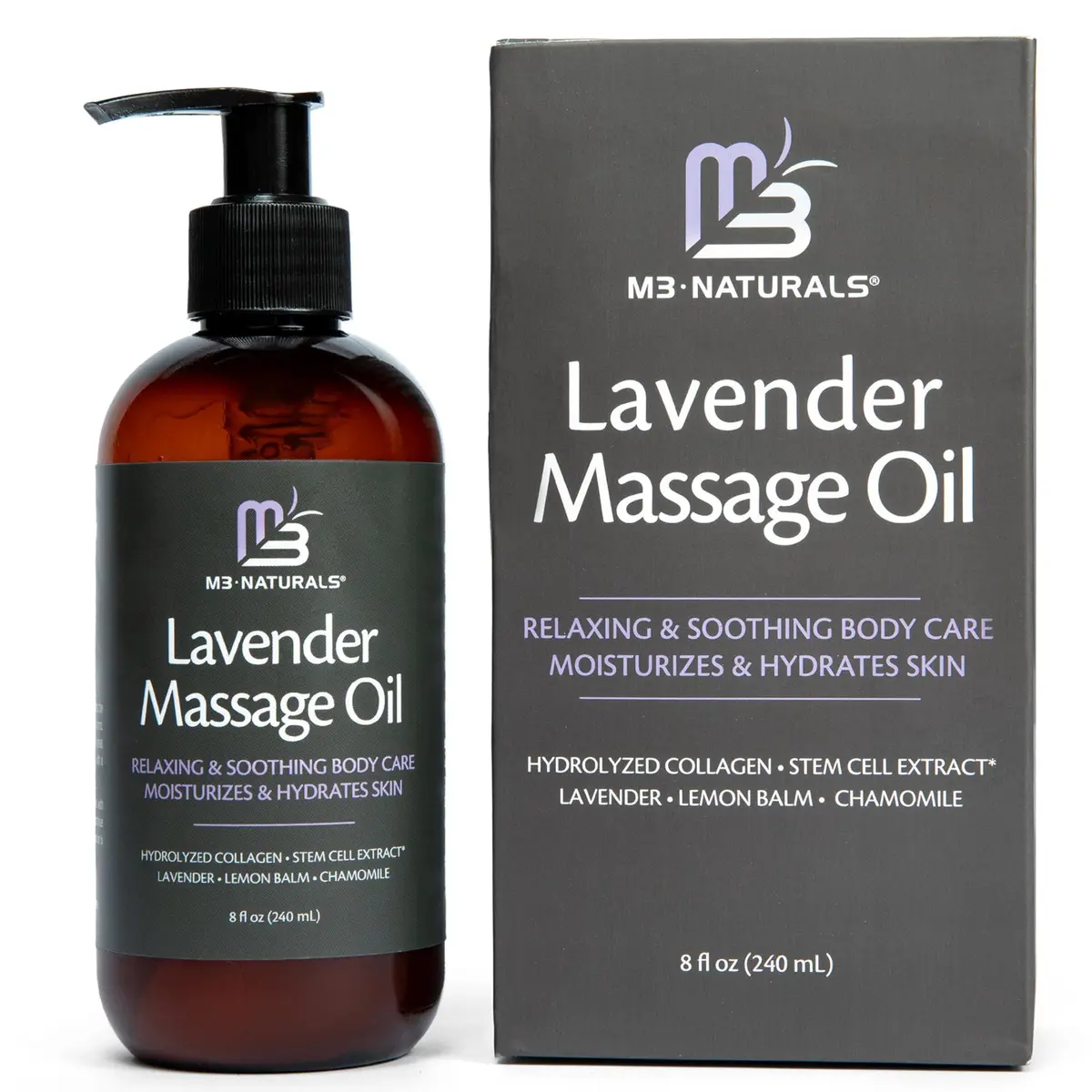 M3 Naturals Lavender Sensual Massage Oil 242ml (8 fl oz) | Calms Mind & Body with Collagen & Stem Cells - view 3