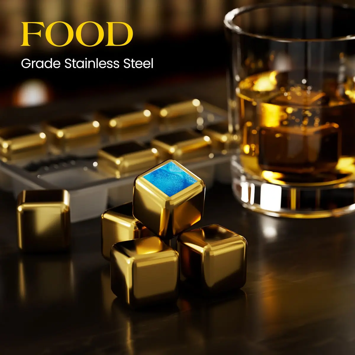 Kollea Whiskey Stones 8-Pack Stainless Steel Chilling Rocks Set, Gold | No Dilution, Premium Reusable Whiskey Ice Cubes - view 5