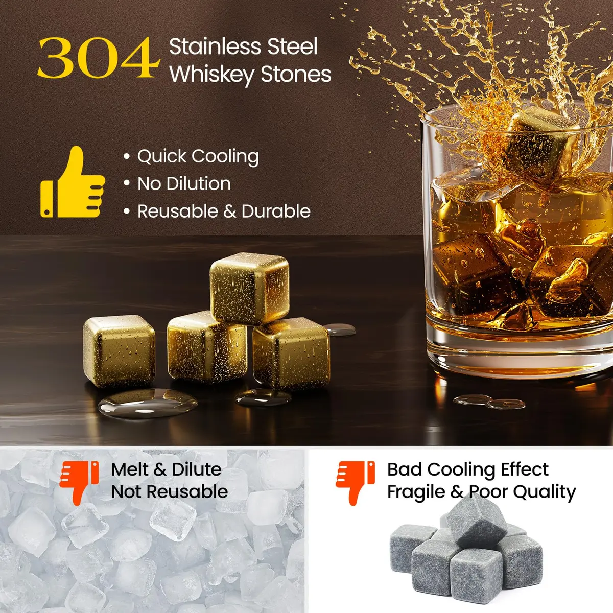 Kollea Whiskey Stones 8-Pack Stainless Steel Chilling Rocks Set, Gold | No Dilution, Premium Reusable Whiskey Ice Cubes - view 2
