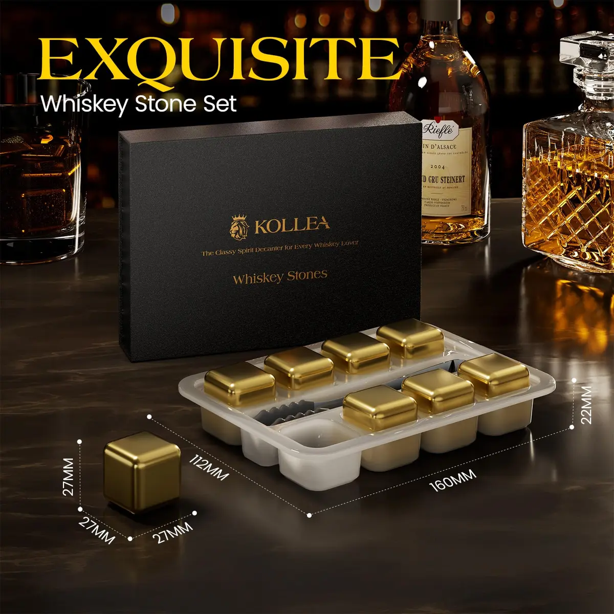 Kollea Whiskey Stones 8-Pack Stainless Steel Chilling Rocks Set, Gold | No Dilution, Premium Reusable Whiskey Ice Cubes - view 3